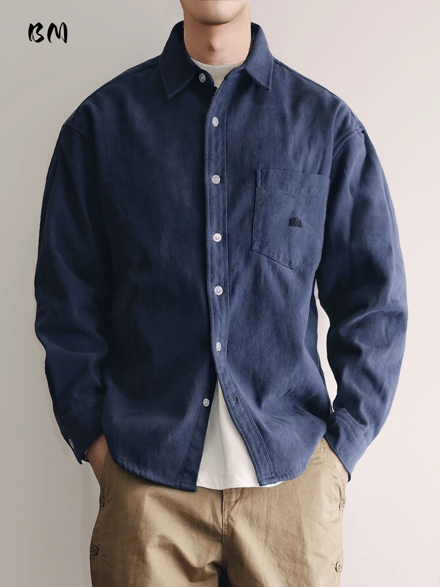 

Mens Vintage Japanese Fleece Shirt Long Sleeve Casual Workwear Solid Color High Quality Autumn Winter Thick Blue Harajuku Coat