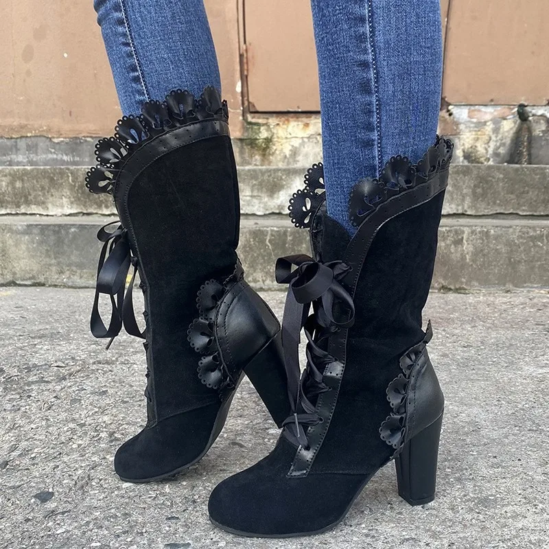 Women's High Heel Boots Vintage  Leather Suede Lace Up Mid Calf Boots Autumn Winter Hot Knight Boots Woman