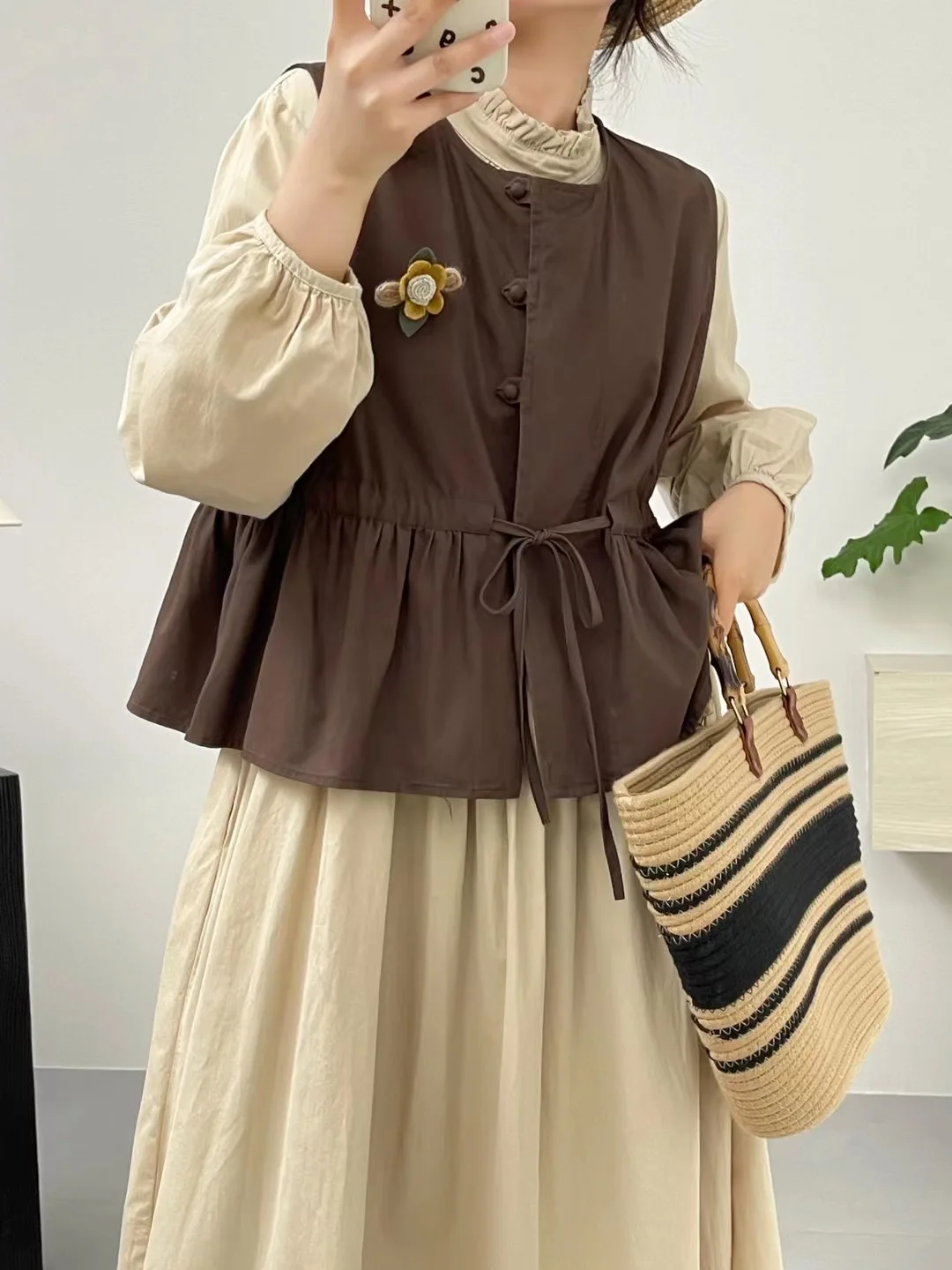 

Sweet Sle японская художественная футболка из чистого хлопка с завязками на талии, женский открытый кардиган, жилет, круглый пуловер, топ