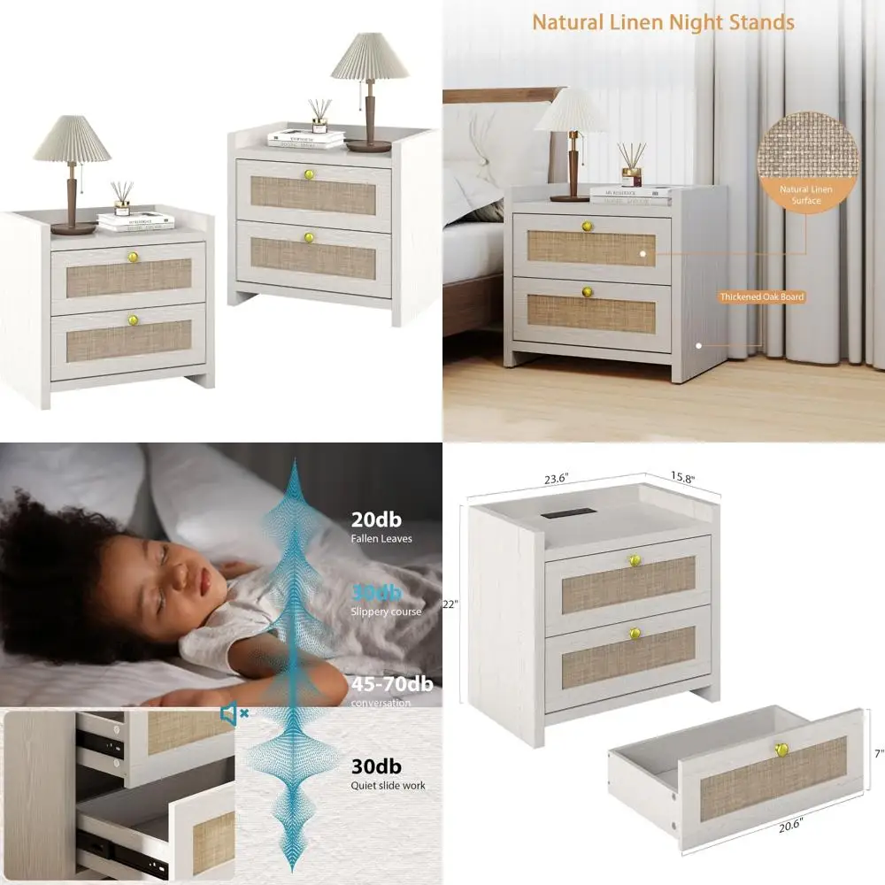 pair of bohemian-style linen nightstands with soft-close drawers and wood finish