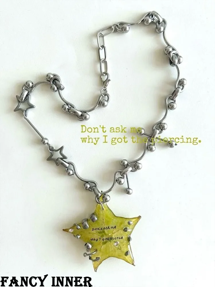 2026 New Star Necklace Starfruit Pendant Metal Chain Piercing Rivets Enamel Trendy Neck Accessaries for Women Men Jewelry