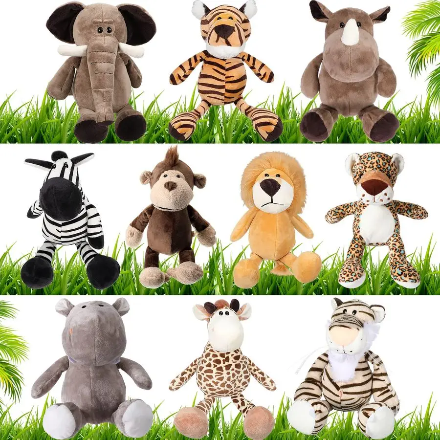 

10 Pieces 9 Inches Safari Stuffed Animals Set and Elephant Giraffe Lion Tiger Monkey Rhinoceros Zebra Leopard Hippo for Shower J