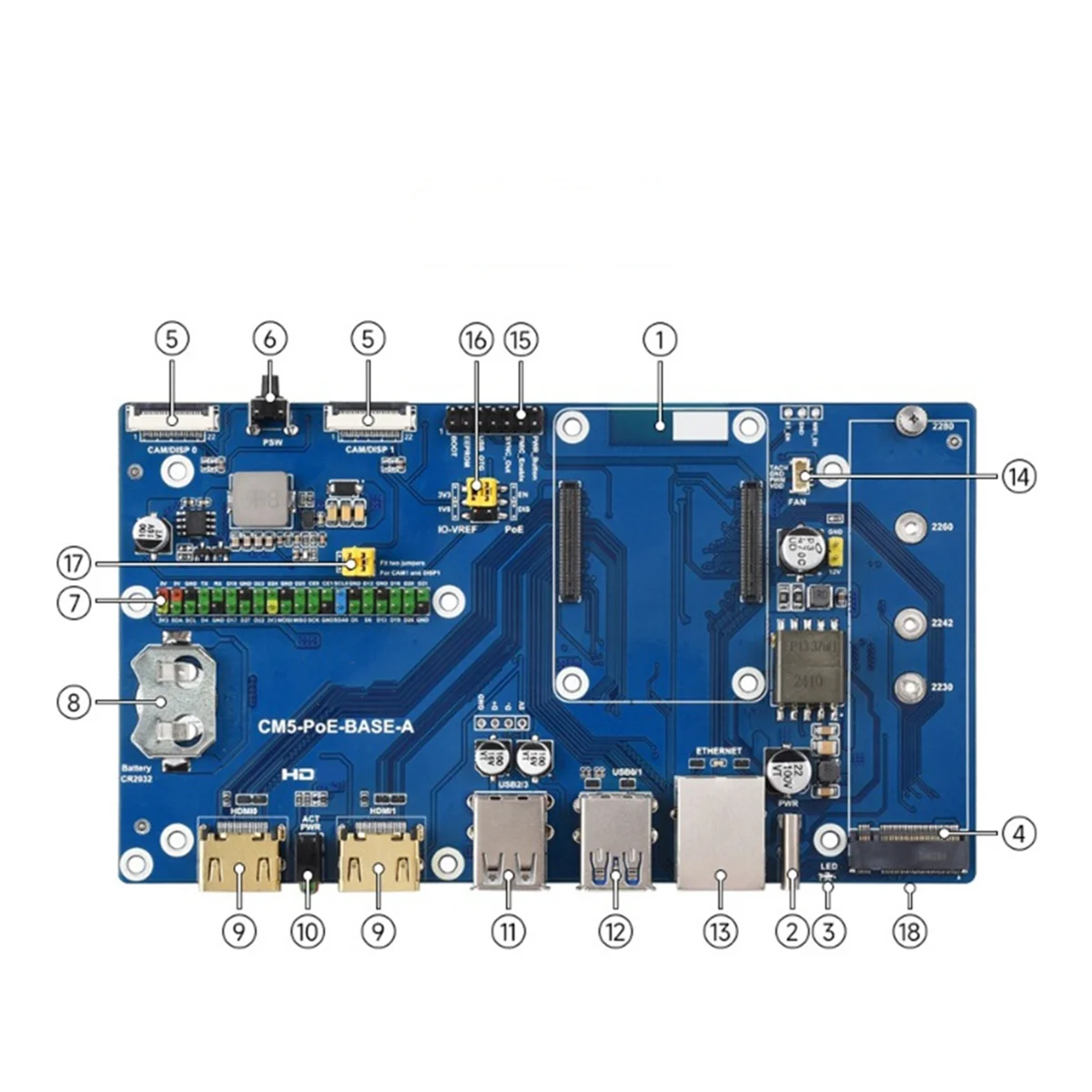 A44U For Compute Module 5 IO Board Kit with PoE Gigabit Ethernet RJ45 for RPi CM5 PoE Expansion Board US PLUG