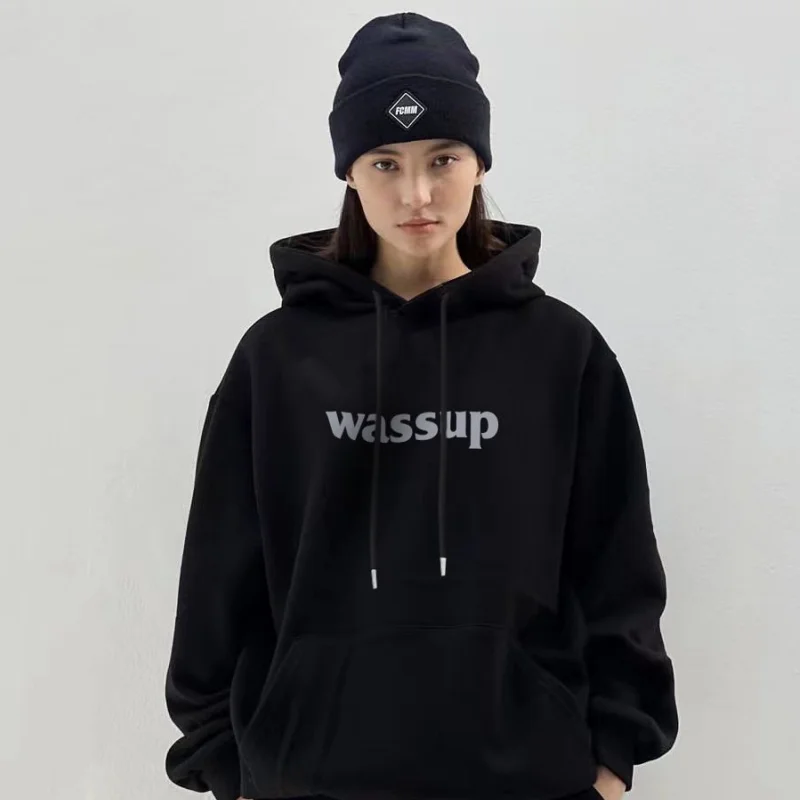 

Women's Black Baggy Fleece Pullover Vintage Pocket Letter Printing Sweatshirt Lazy Casual Raglan Sleeves Couple Hoodie Autumn