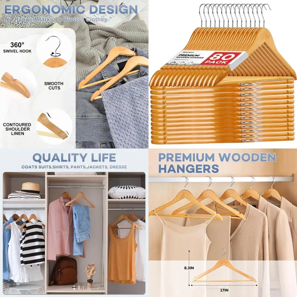 

80 Pack Premium Natural Wood Hangers for Coats, Suits, Jackets, and Pants with 360-Degree Rotatable Hook and Notches