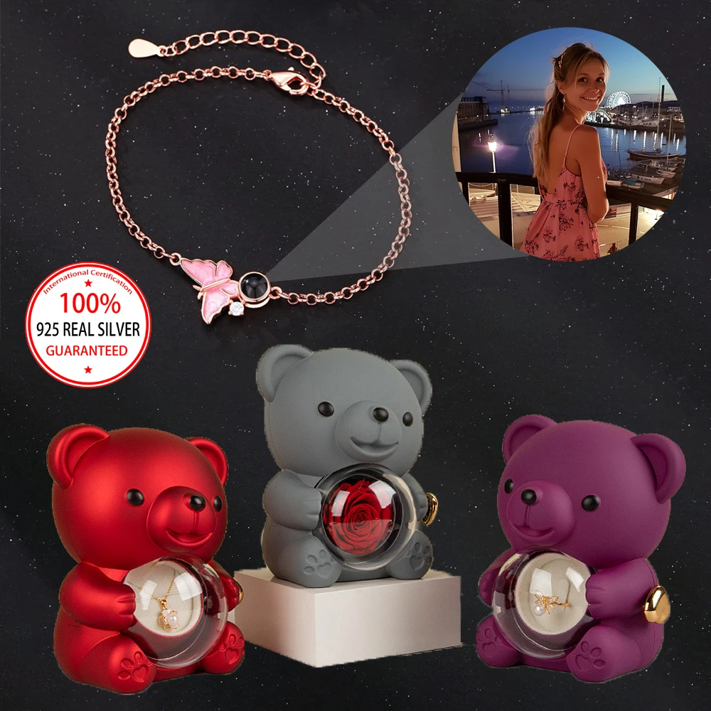 

925 Sterling Silver Custom Color Picture Projection Butterfly Round Pendant Bracelet With Colorful Bear Gift Box Exquisite Cute