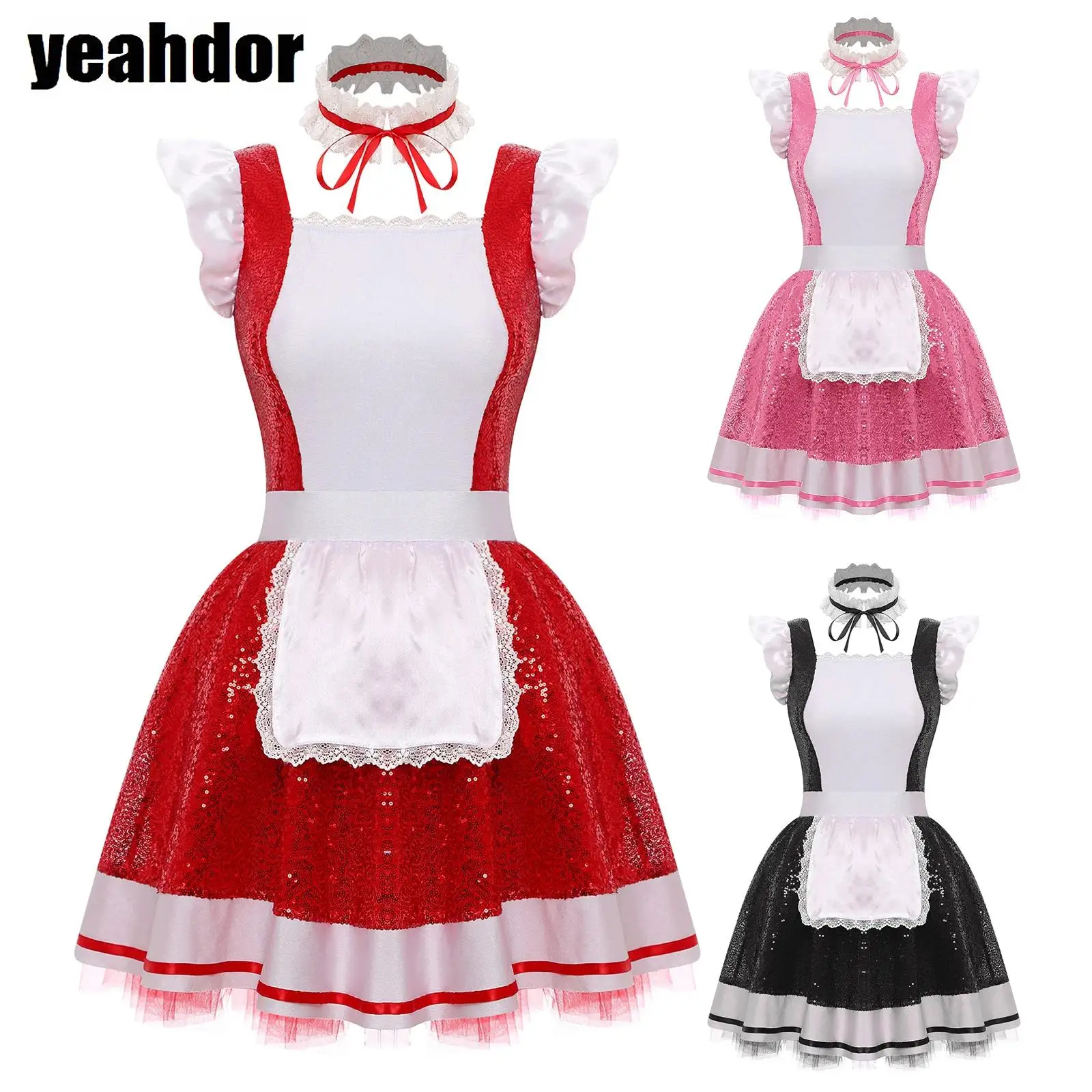 

Women Maid Cosplay Dress Ruffle Lace Trim Apron Maid Dress Glitter Sequin Tulle Dress Halloween Servant Lolita Uniform Role Play
