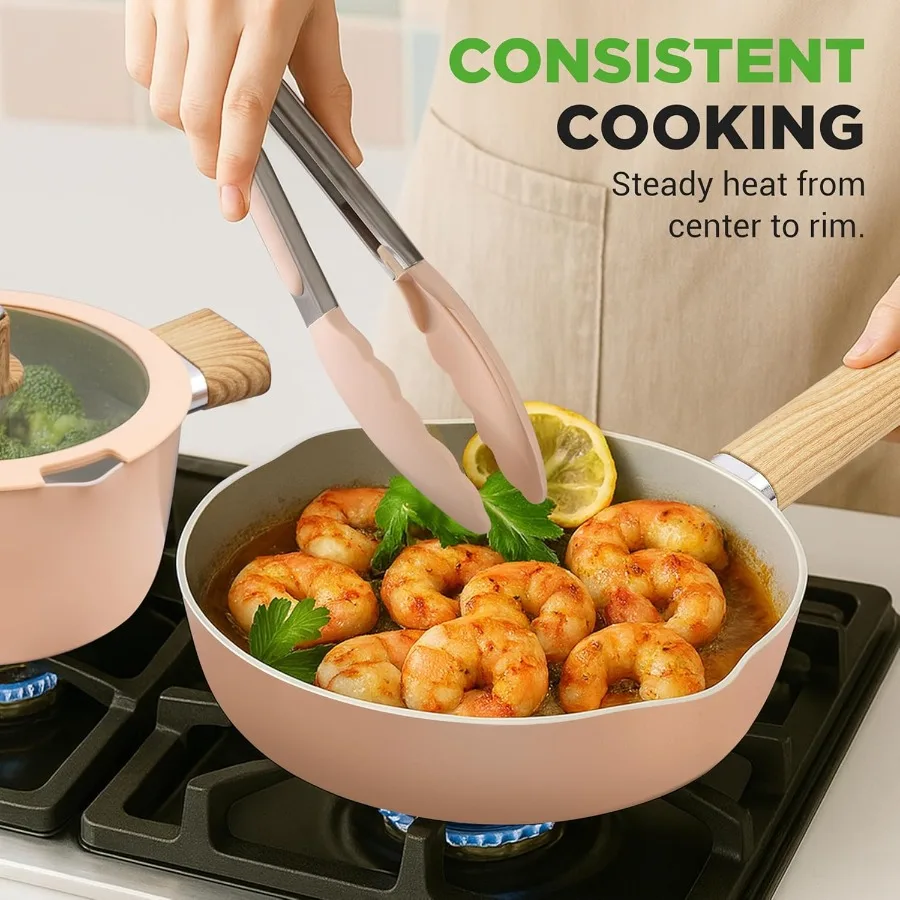 14Piece NonStick Ceramic Cookware Set for Induction Cooking with Glass Lids and CoolTouch Handles Ensures Even Heat Distributio