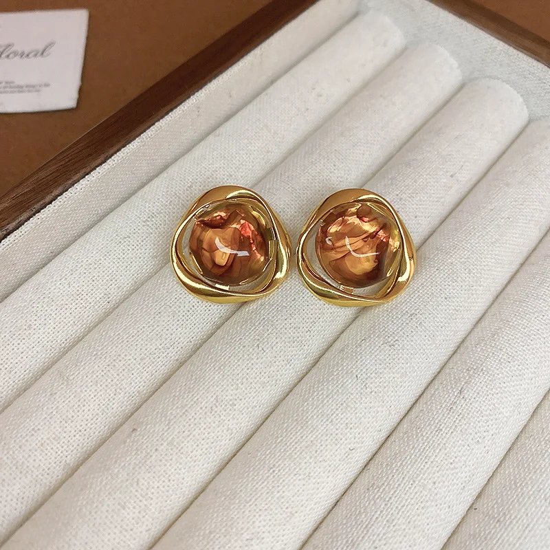 Vintage Brown Resin Square Stud Earrings, Women's Gift