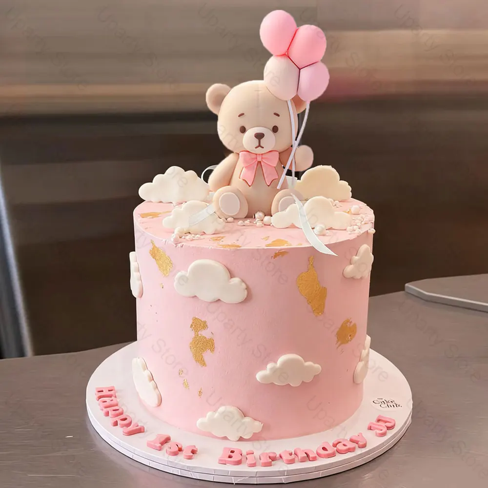 Luftballons Bär Kuchen Topper Erröten Rosa Kugeln Weiße Wolke Bär Halten Luftballons Kuchen Dekoration für Geburtstag Baby Dusche Dekor – Detail 4
