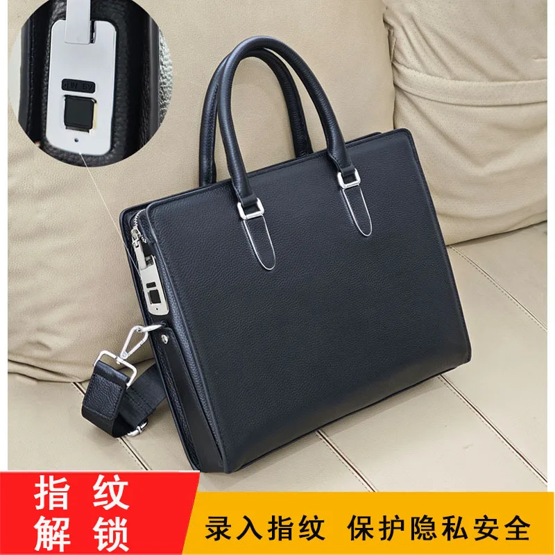 Fingerprint lock layer cowhide large capacity business commuting leather briefcase fingerprint unlock