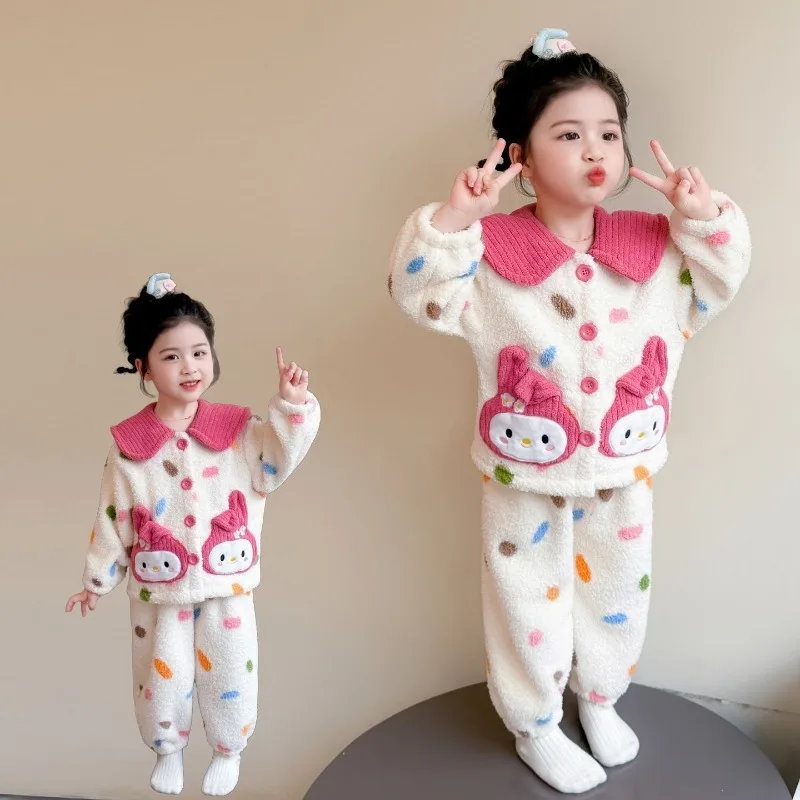 

New My Melody Anime Kawaii Sanrio Long Sleeve Flannel Pajamas Cute Cartoon Thickened Warm Home Wear Clothes Set Gifts Toys
