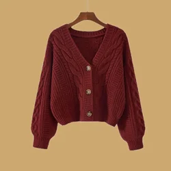 V-neck Sweater Loose Female Lazy Wind Wear Autumn And Winter New Top Retro Fried Dough Twists Short Knitting Cardigan Coat