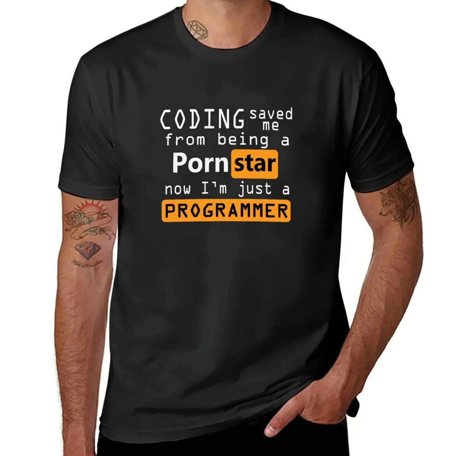 

New Coding save me from porn star now im just a programmer T-Shirt plus size tops vintage clothes mens funny t shirts