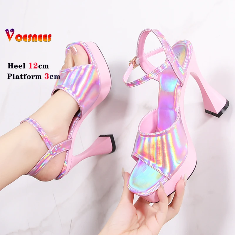 2024 Laser 12CM Women Sandals Peep Toe Platform Shiny Colors Block Heels Pumps Summer Thick High Heel Shoes Woman Outdoor Slides