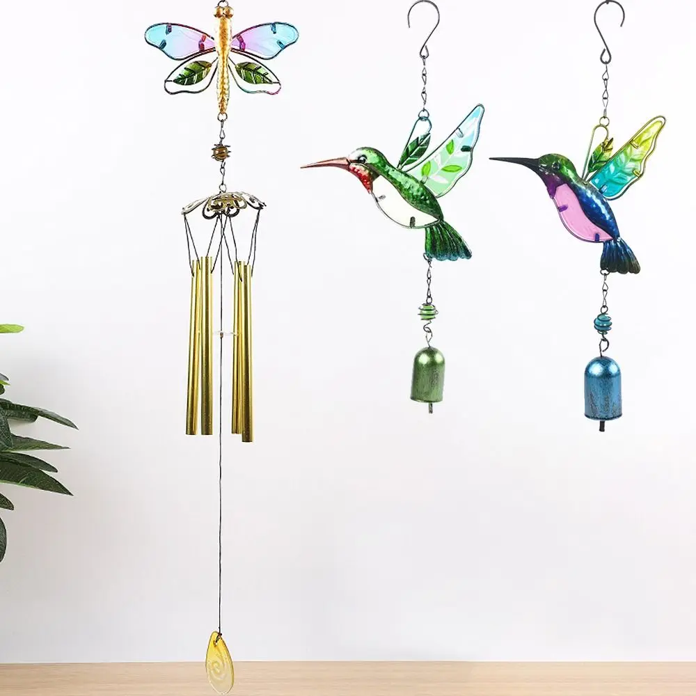 Hummingbird Bells Wind Chime Handicrafts Metal Glass Painted Garden Hanging Decorations Waterproof Landscape Outdoor Pendant