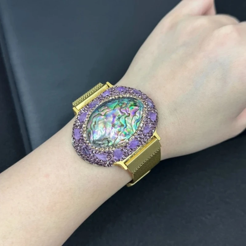 Natural Abalone Shell Crystal Steel Chain Bangle for Women, Handmade Amethyst Quartz Jewelry, Boho Luxury Gift