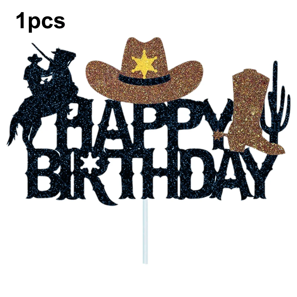 Western Cowboy Tortendekoration Glitzer Happy Birthday Junge Mädchen Cowboy-Themen Geburtstag Cupcake Picks Dekorationen Zubehör – Detail 1