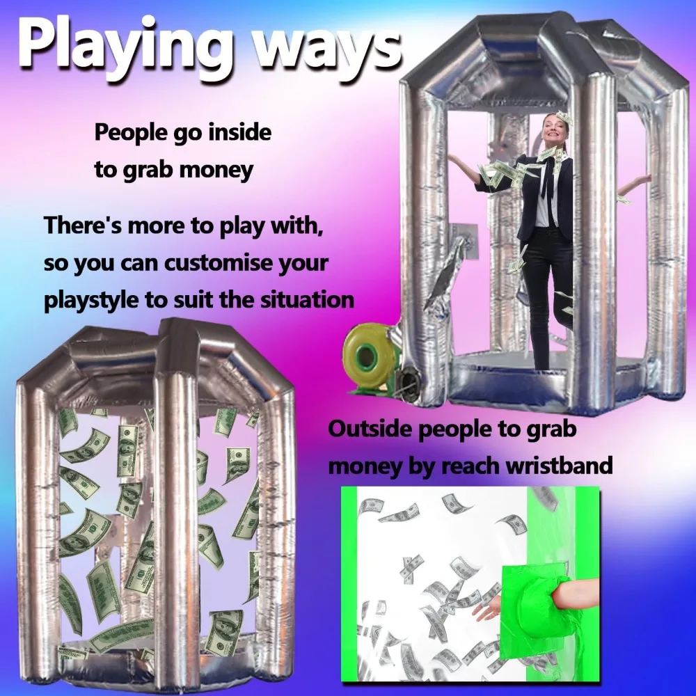 송풍기가 있는 실버 풍선 현금 큐브 부스 풍선 머니 머신 부스 성인 게임 이벤트를 위한 돈 잡아 기계를 날려