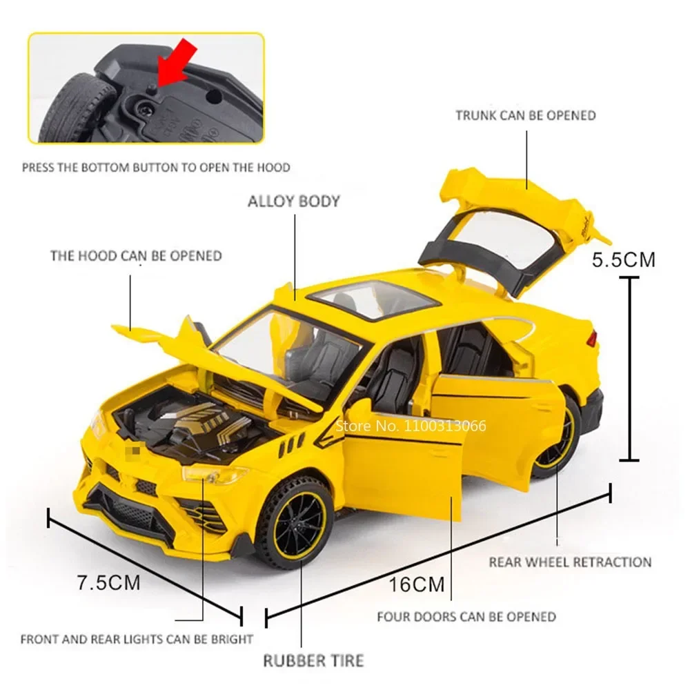 1:32 URUS Miniature Sports Car Model Toys Alloy Diecast Sound Light Doors Opened Pull Back Supercar Ornament Vehicles Kids Gifts