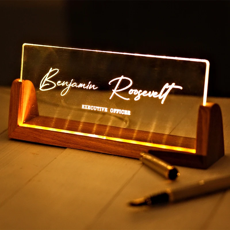 Personalized Desk Nameplate Name Tag With Wooden Base Night Light Acrylic Nameplate Office Gifts Desk Accessories New Job Gifts