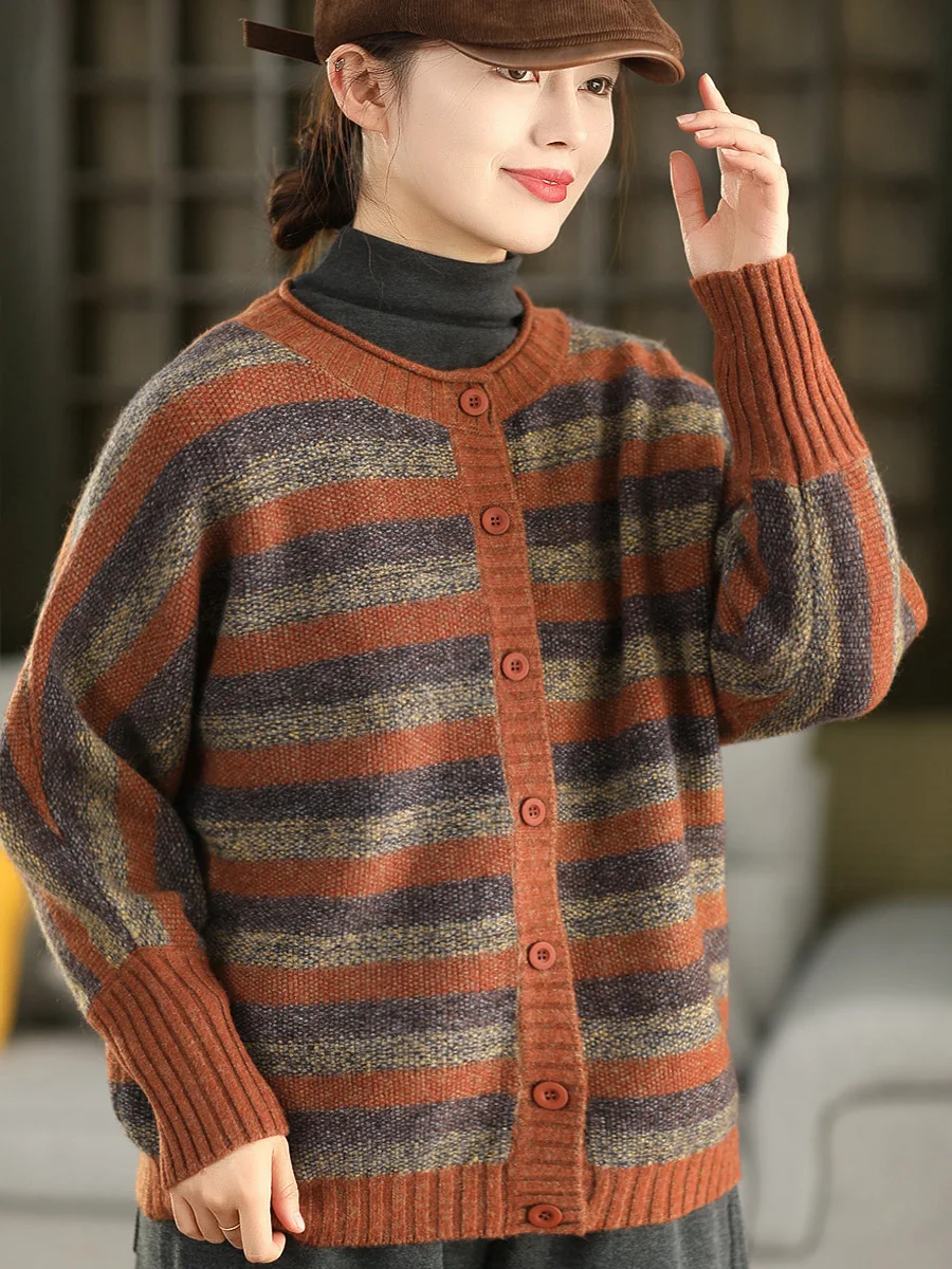

Thiened Knitted Stripe Sweater Women's Faion Autumn Winter Single Button Coat Top Warm round Ne Long Sve Striped Kni...