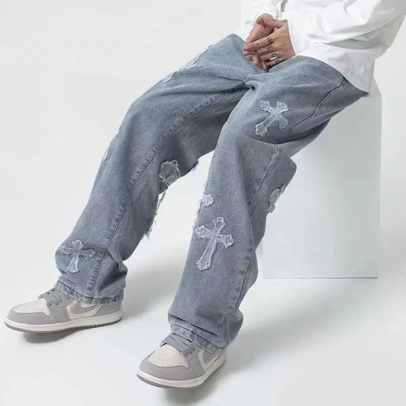 Fashion Cross Jeans for Men Hip Hop Streetwear Straight Loose Vintage High Street Cross Patch Man Baggy Denim Wide Leg Trousers