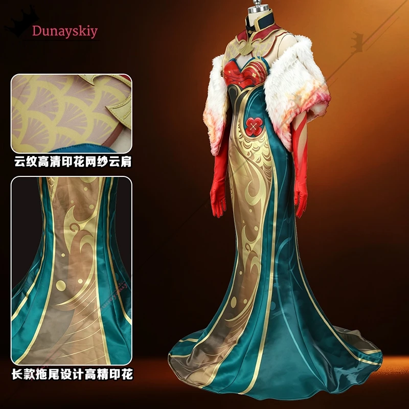LOL Lissandra Noble Birth Skin Cosplay Costume The Ice Witch Golden Qipao Wig Accessories Fullset Halloween Carnival Dress Up view 4