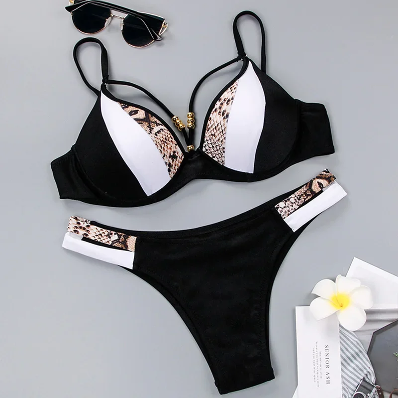 Snake Skin Print Bikini Push Up Leopard Swimsuit Female Hollow Out Swimwear Women Bathing Suit Sexy Cup Bikini Set Monokini