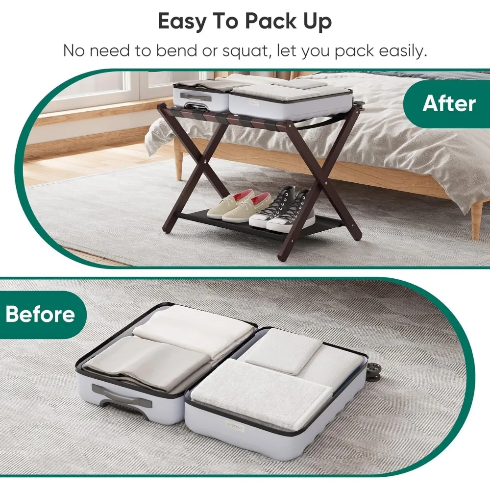 رف أمتعة من الخيزران قابل للطي مع رف تخزين، عبوة من قطعتين، سهل التجميع لاستخدام فندق غرفة النوم #3