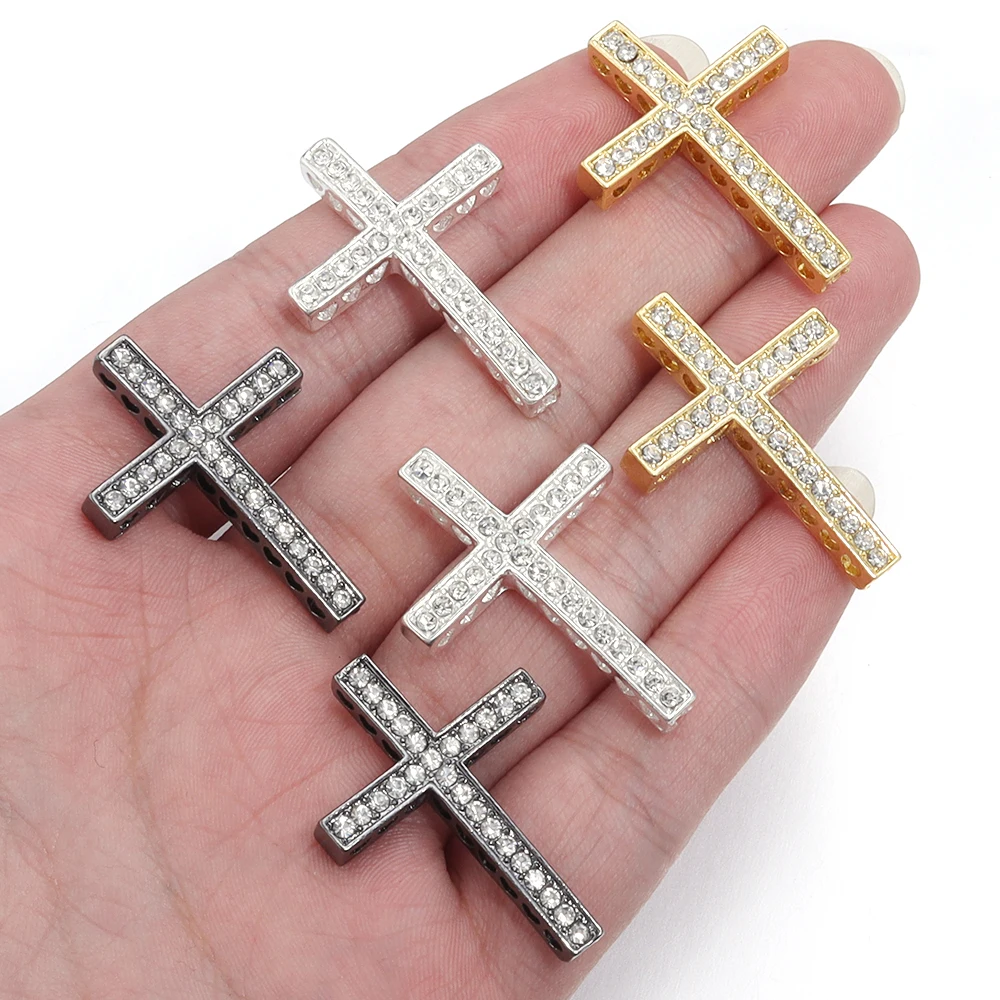 SAUVOO 5pcs 25x36mm Alloy Rhinestone Cross Charms Gold Silver Color Pendant Religious Necklace Keychain Jewelry Making Findings