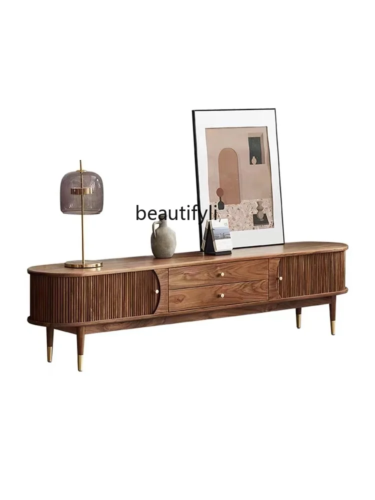 

Nordic solid wood TV cabinet, black walnut color light luxury organ door designer video cabinet