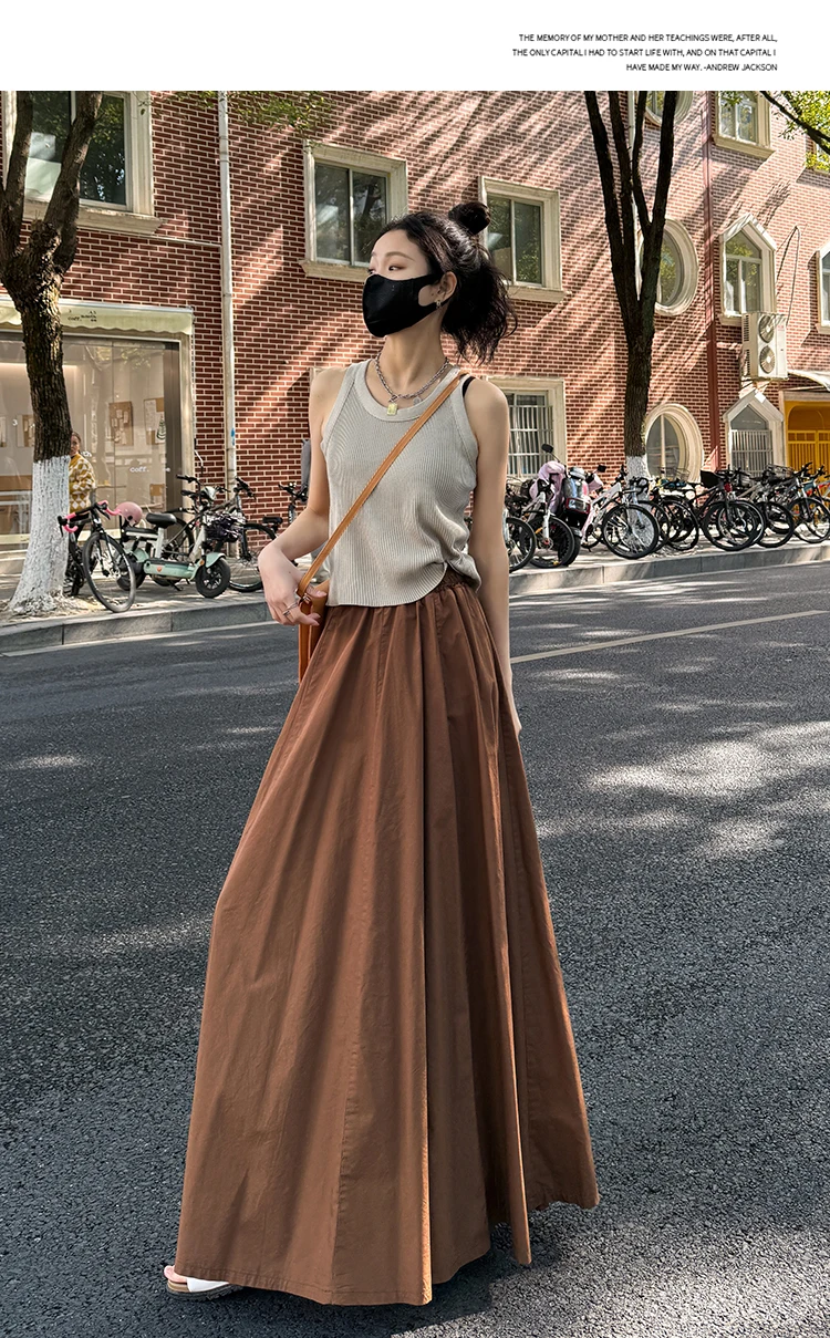 Spring Summer Women Black White Elegant Oversized Long Skirt French Fashion Brown High Waist Vacation Pleated Half Skirt Popular