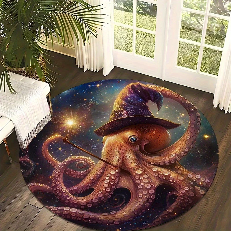 Magical Octopus Space Design Flannel-printed round floor mats are slip-resistant Suitable for living room terrace garden carpets