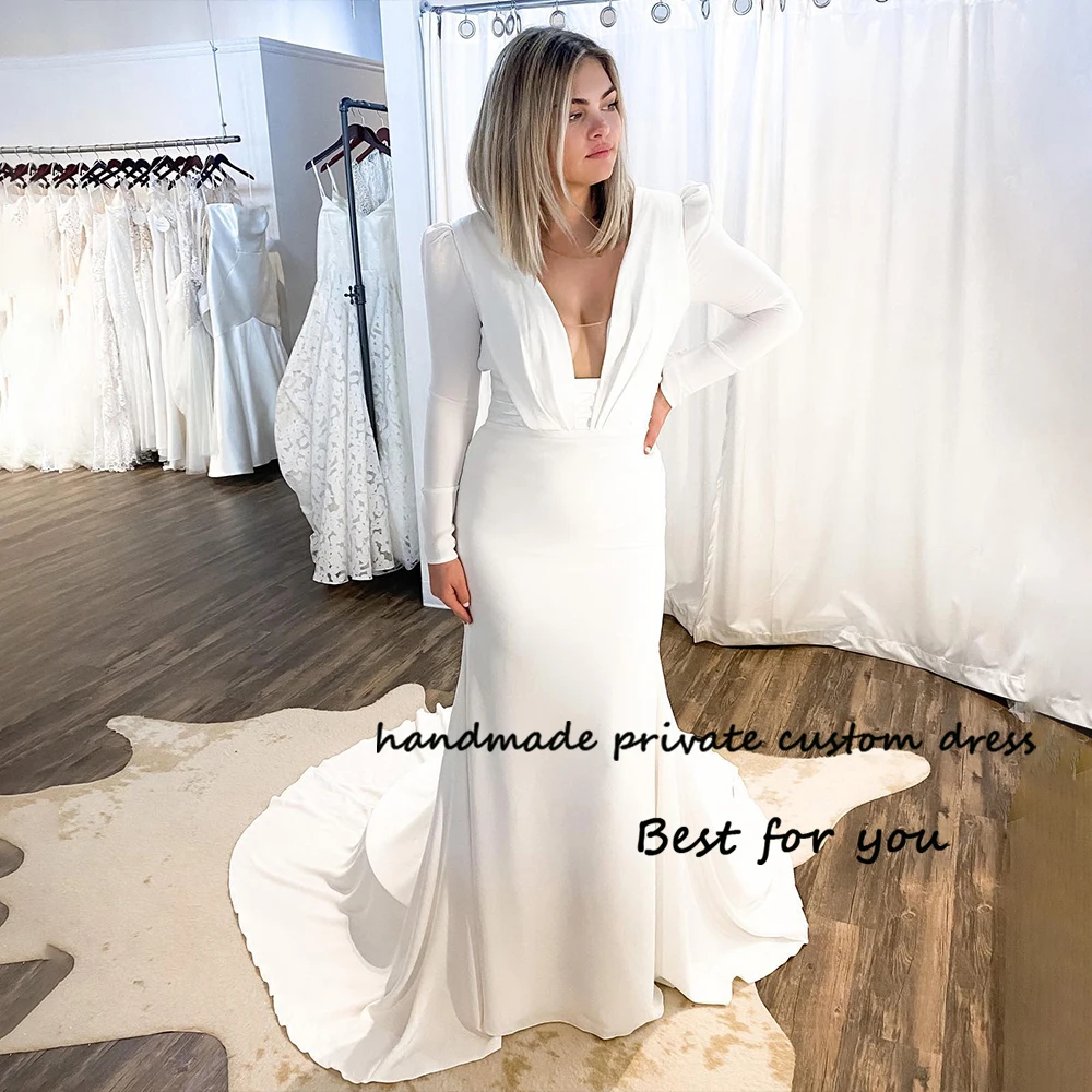 

Ivory Satin Mermaid Wedding Dresses Long Sleeve V Neck Simple Civil Bride Dress with Train Elopement Wedding Gowns Backless