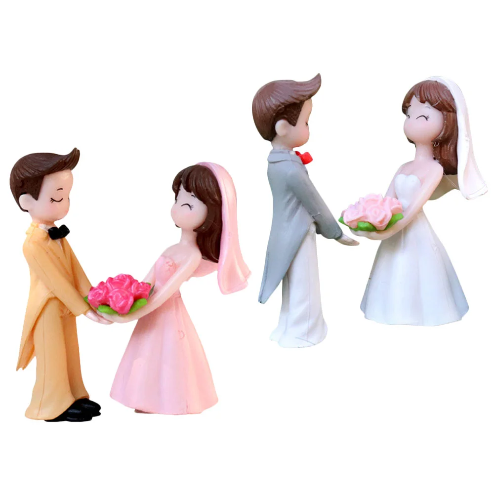 2 Pairs Wedding Decoration Fairy Figurines Small Crafts Lovely Couple Adorn Pvc Bridegroom Valentine's Day