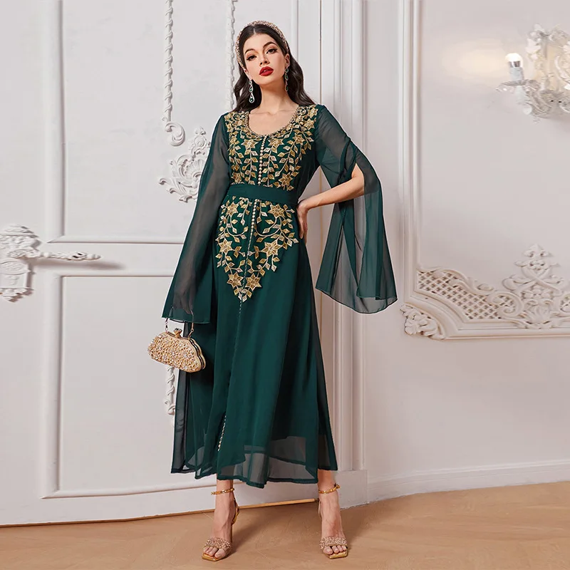 QL8126 (dark green) fashionable and elegant dress,  Muslim embroidery decal banquet dress