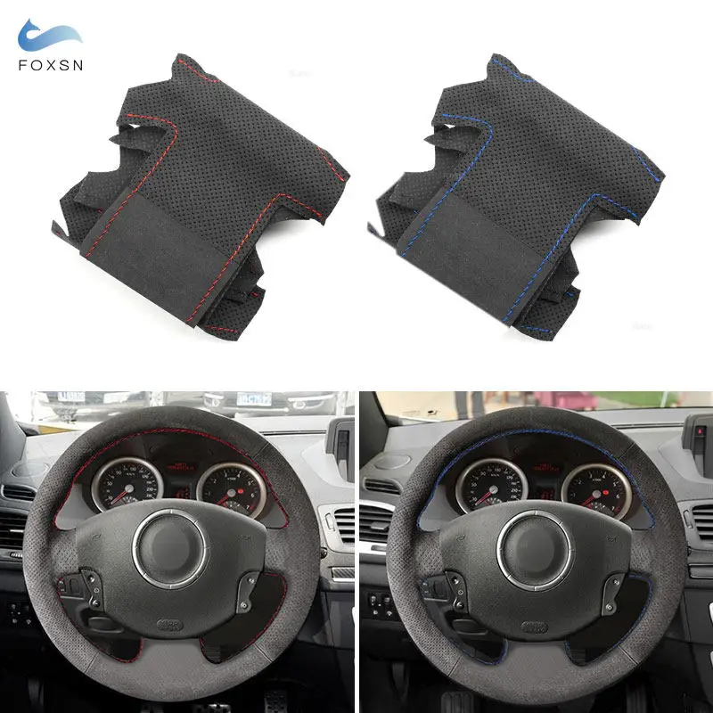 Hand-stitched Suede Leather For Renault Megane 2 2003-2008 Kangoo 2008 Scenic 2 2003-2009 Car Interior Steering Wheel Cover Trim