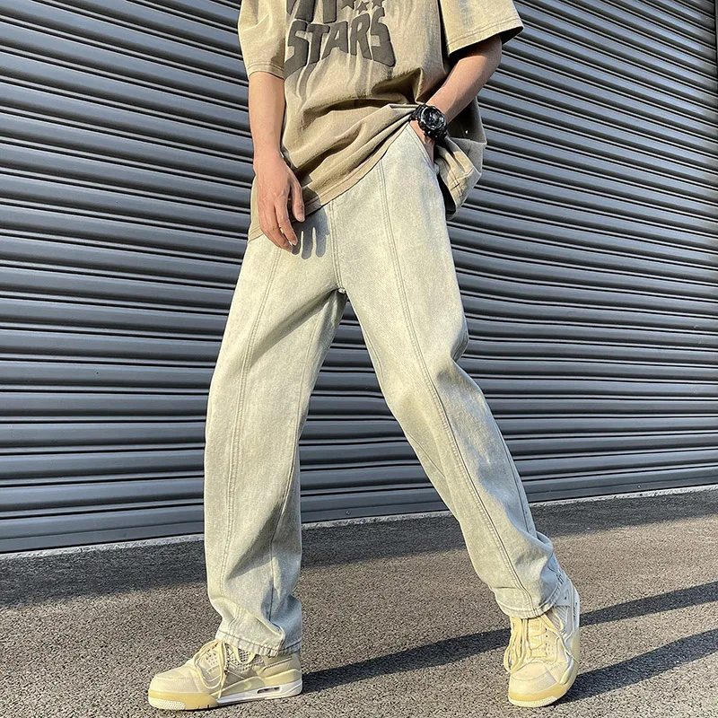 Classic Vintage Mud Yellow Jeans Men's Loose Straight Leg Wide Leg Pants Fashion Splice Casual Blue Pants Student Baggy Jeans