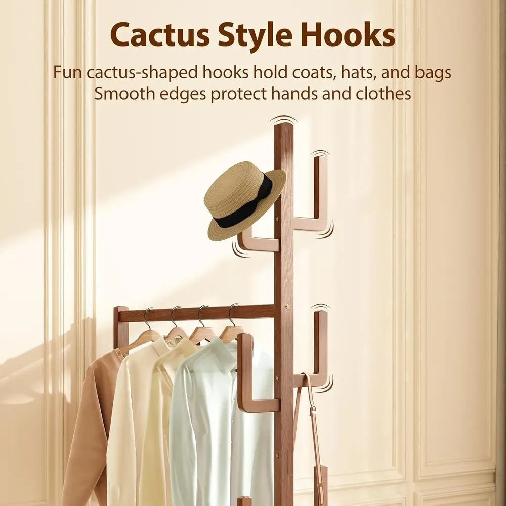 Walnut Heavy Duty Rolling Garment Rack with 6 Hooks and Storage Shelf, Easy Assembly