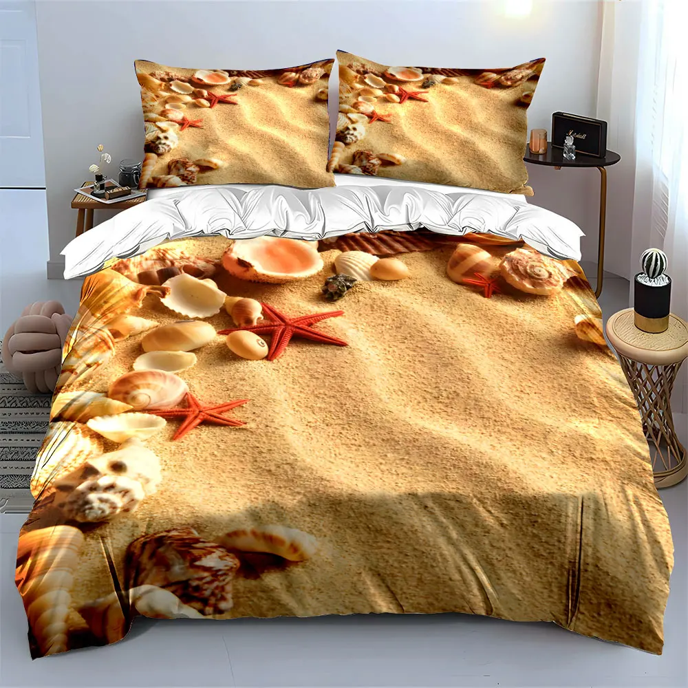 Seashells and starfishes on sand Print Soft Comfortable Duvet Cover Bedding Set Included 1*Duvet Cover  2*Pillowcases