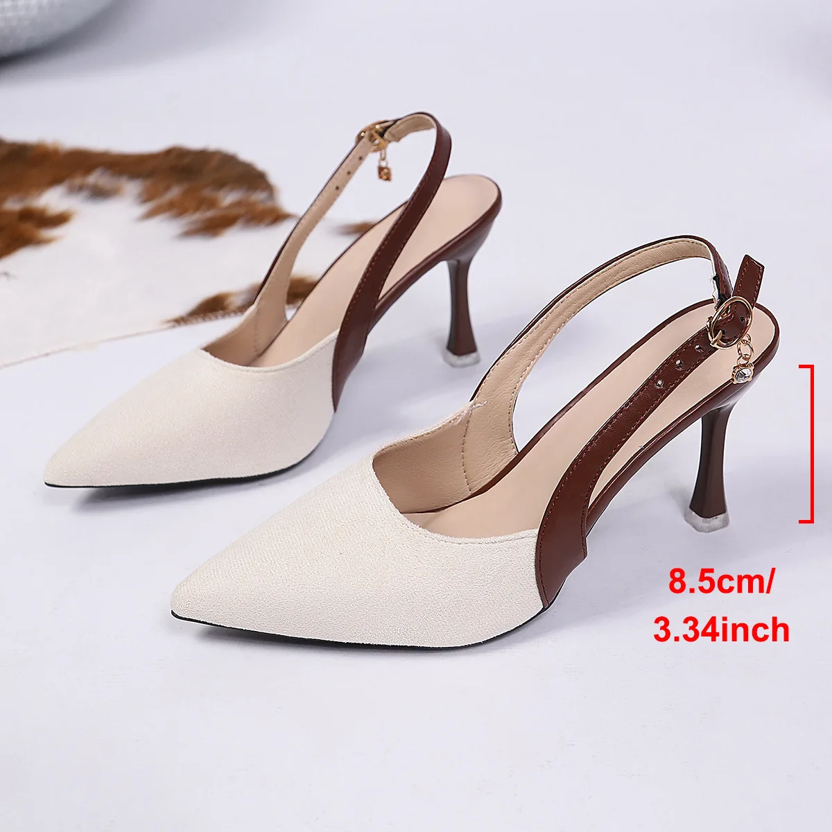 Nuovi appartamenti alla moda da donna, appartamenti beige, pelle PU con giunture in lino, tacchi ultra alti, tacchi a spillo, scarpe a punta, slingbac