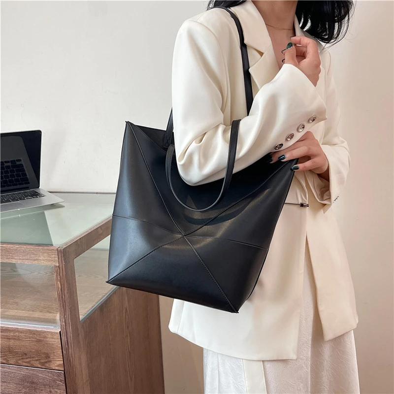 Große Kapazität Tasche Für Frauen Pu Leder Handtasche Designer Eimer Schulter Tasche Weibliche Top Griff Tote Einfache Reisetasche Schwarz – Detail 5