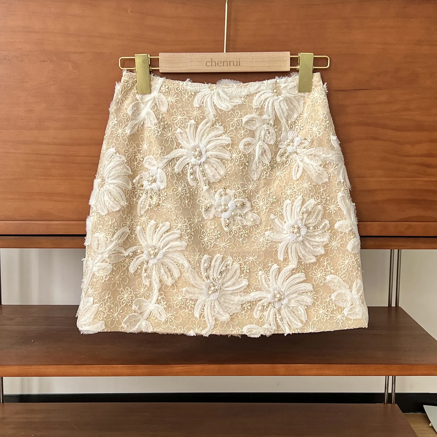 Mini Skirt with Pearl Beaded Lace for Women, Apricot, Three-Dimensional Flower, High Waist, Thin, Small Fragrance, Short Skirt,