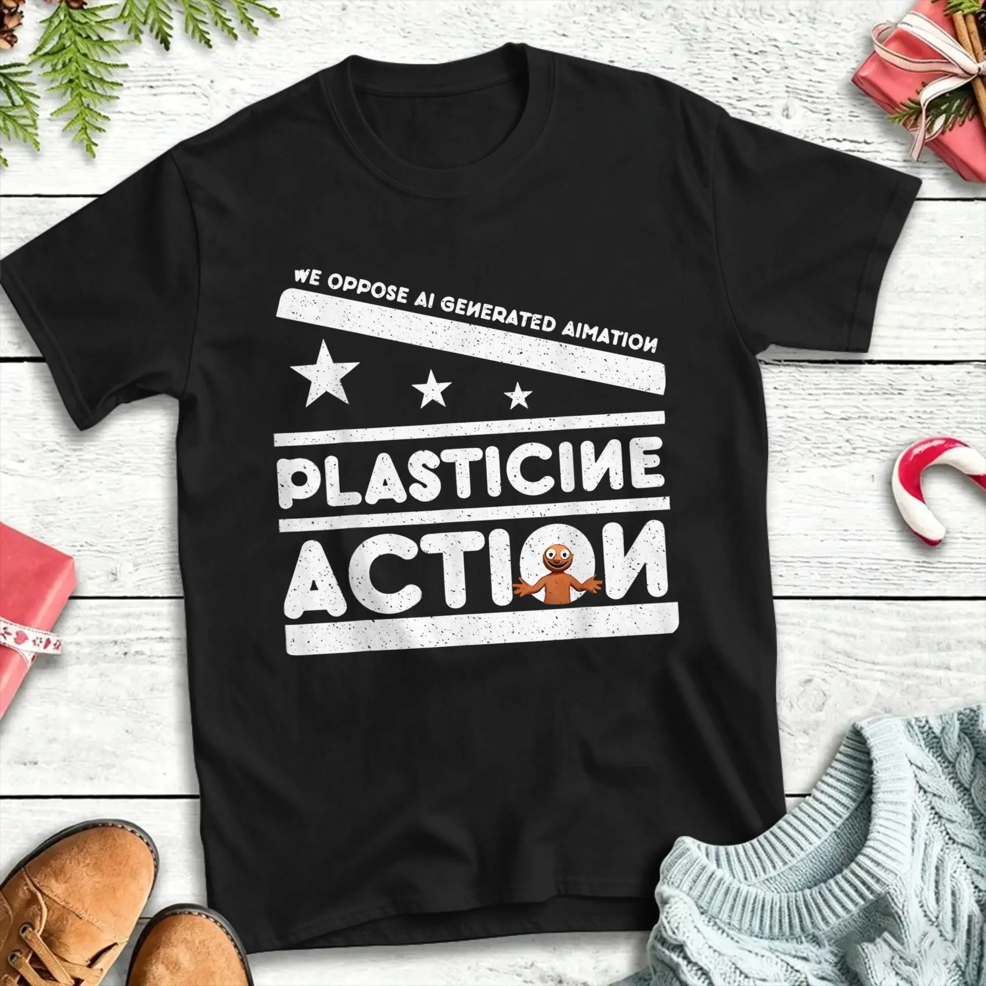 Men Women Plasticine Action T Shirt We Oppose AI Generated Animation 100% Cotton Tops Funny Round Collar Tees