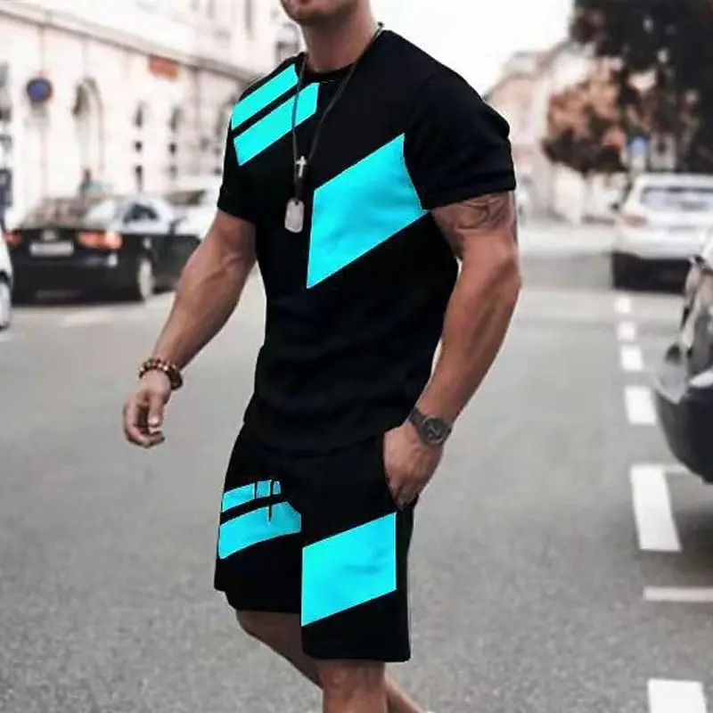 New Summer Men's Shorts  T Shirt Set 3D Color Block Print Sporty Fashion Short Sleeve 2 Piece Breathable fabric