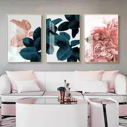Nordic Art Canvas Painting Pink Green Flowers and Leaves Abstract Poster for Living Room Wall Decor Modern Home Decoration