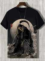 Summer Men's Vintage Sickle Grim Reaper Skeleton Skull Print Tee fashion Men's Tops Large Size Short-Sleeved Tee Loose Clothing