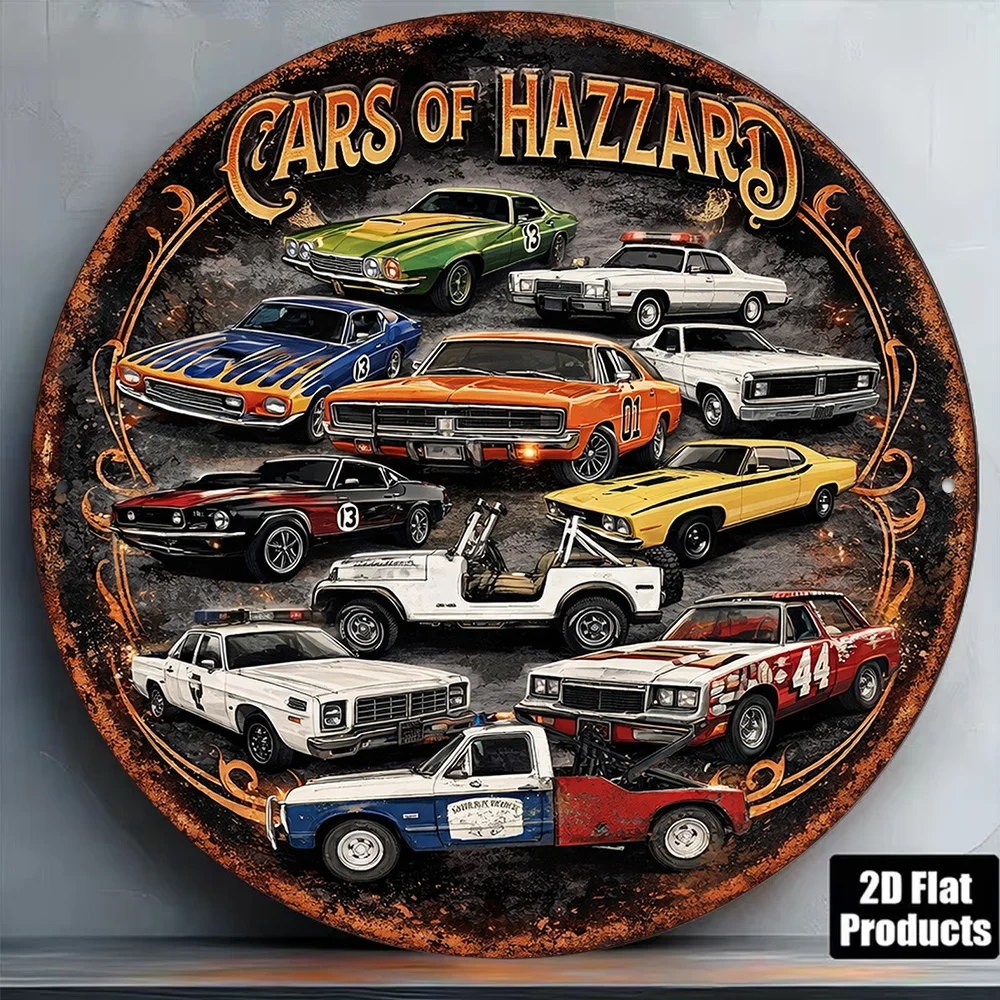 2D Flat Round Aluminum Sign 8x8 in Vintage Danger Vehicle Theme for Garage Bar Cafe Decor or Gift, 1 Pack