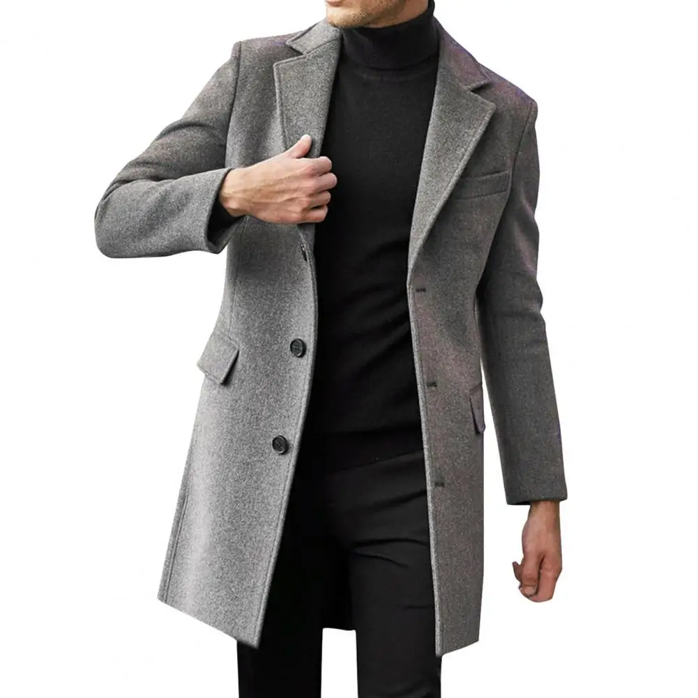 Flap Pocket Jacket Mid-length Warm Jacket Overcoat for Men with Lapel Flap Pockets Solid Color Single-breasted Suit for Winter